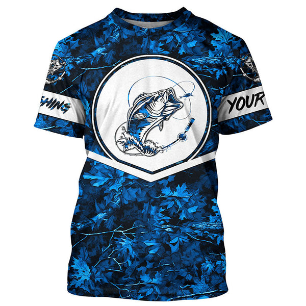 Largemouth Bass fishing blue camo personalized fishing apparel UV protection custom name fishing shirt NQS1412