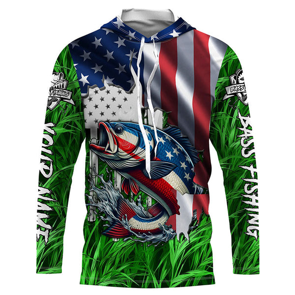 American flag patriotic Largemouth Bass green camo fishing, custom long sleeve sun protection shirts NQS1132