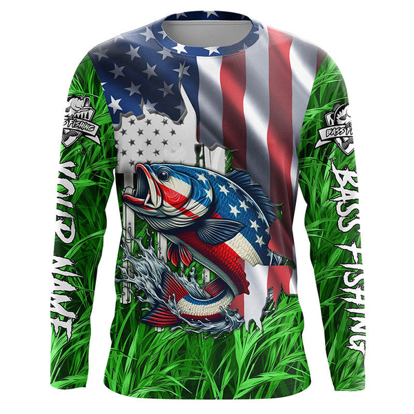 American flag patriotic Largemouth Bass green camo fishing, custom long sleeve sun protection shirts NQS1132