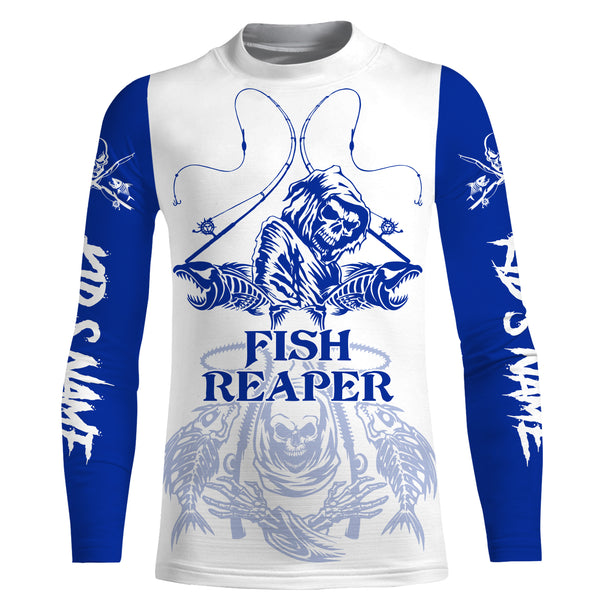 Fish reaper fishing blue shirt Customize Name Long Sleeve Fishing Shirts UV protection UPF 30+  fishing gift for men, women, Kid NQS2484