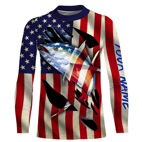 Tuna Fishing American Flag Custom Long Sleeve performance Fishing Shirts, Personalized Fishing gifts Fishing jerseys - NQS2806