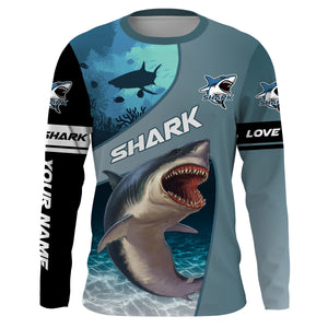 Shark fishing ocean blue color Custom Name 3D UV Protection long sleeve fishing shirts for men, women NQS3036