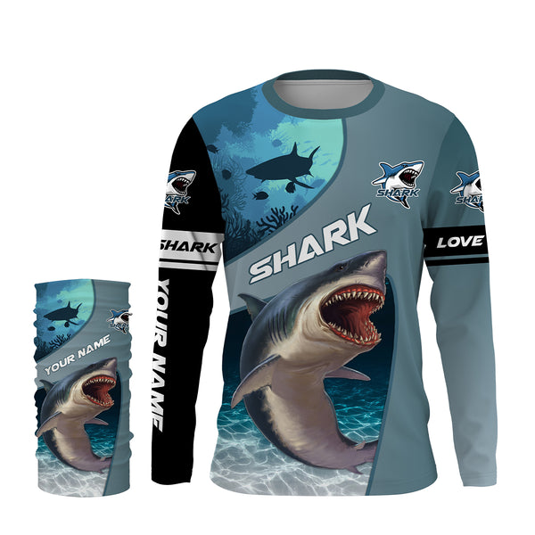 Shark fishing ocean blue color Custom Name 3D UV Protection long sleeve fishing shirts for men, women NQS3036