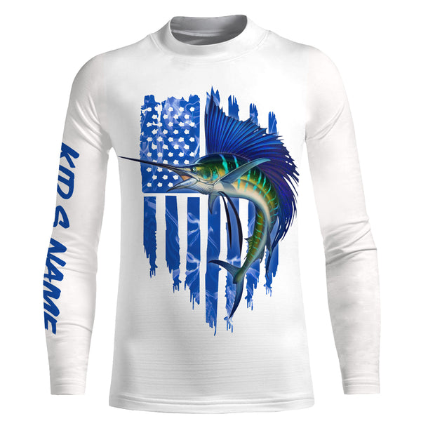 Sailfish fishing blue American flag patriotic fishing jersey UV protection Customize name long sleeves UPF 30+ gift for fisherman NQS2353