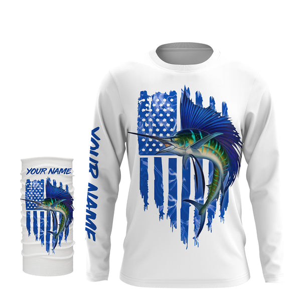 Sailfish fishing blue American flag patriotic fishing jersey UV protection Customize name long sleeves UPF 30+ gift for fisherman NQS2353