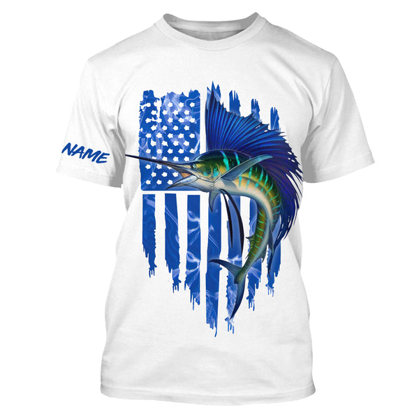 Sailfish fishing blue American flag patriotic fishing jersey UV protection Customize name long sleeves UPF 30+ gift for fisherman NQS2353