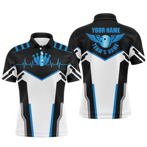 Black and white Bowling shirts for men custom name, team name Bowling Ball & Pins mens polo shirts NQS4899