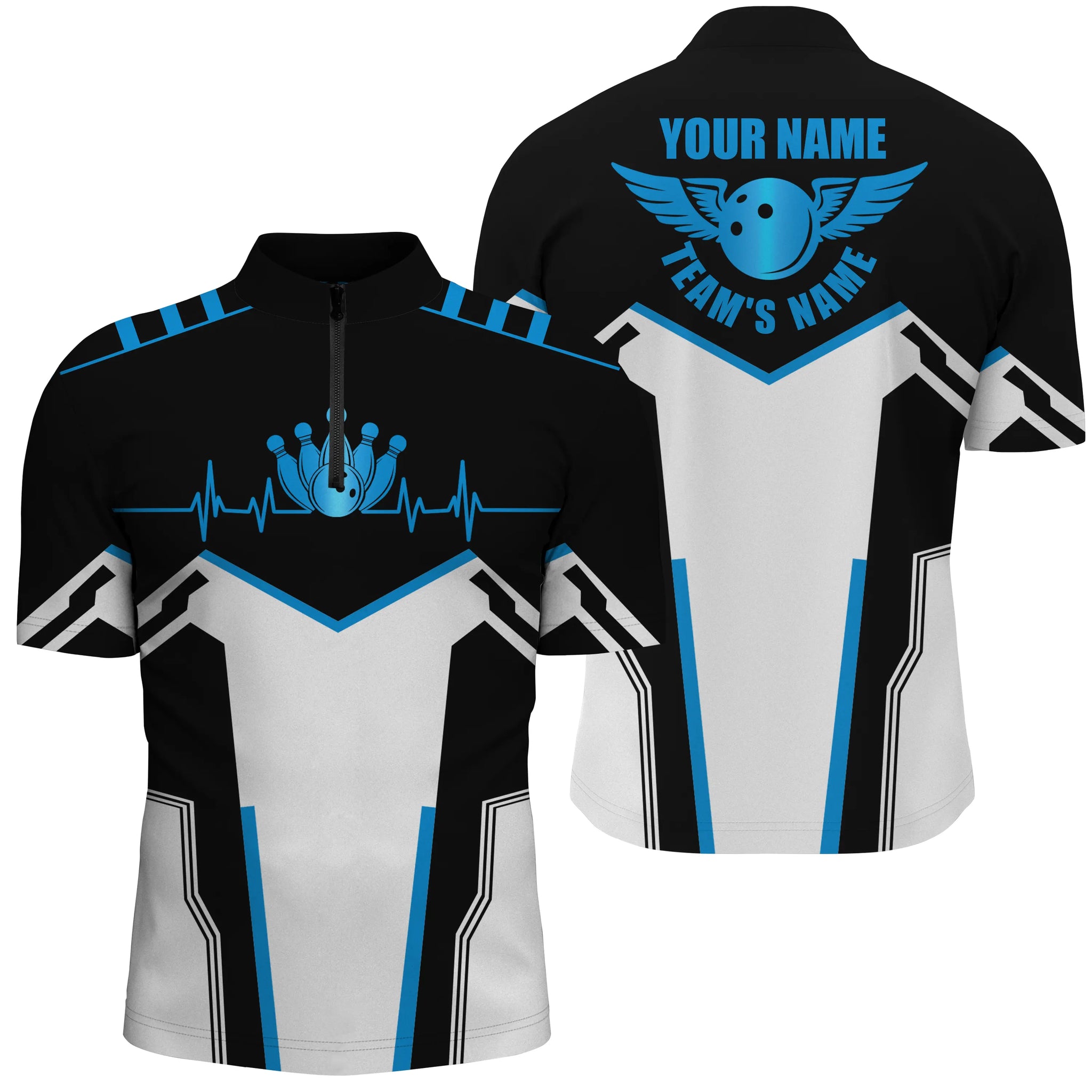 Black & white Bowling shirts for men custom name, team name Bowling Ball & Pins men Quarter Zip shirt NQS4899