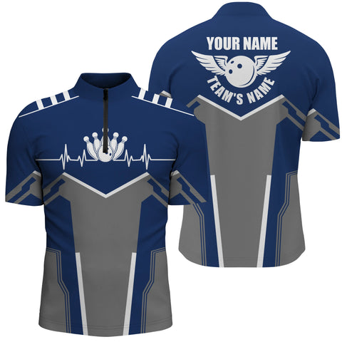 Bowling shirts for men custom name, team name Bowling Ball & Pins men Quarter Zip shirt | Navy Blue NQS4900