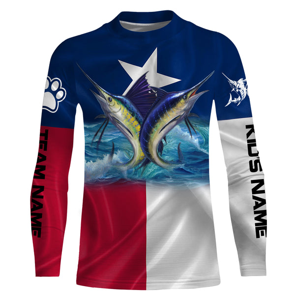 Marlin Sailfish fishing Texas flag custom name & team name fishing apparel, custom upf fishing shirts NQS3052