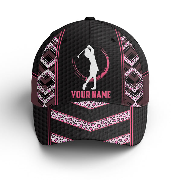 Black & pink leopard pattern golf hat custom name baseball golf cap hat, golfer gifts NQS3476