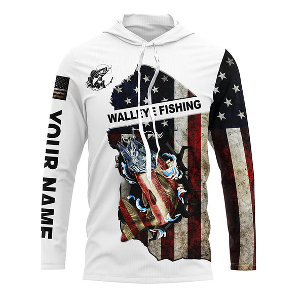 American flag Walleye patriotic fishing UV long sleeve shirts Custom name fishing apparel NQS2513