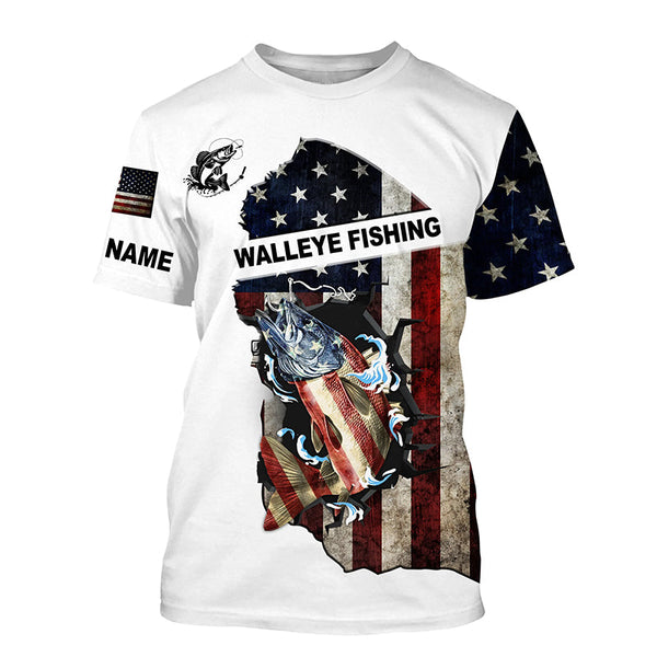 American flag Walleye patriotic fishing UV long sleeve shirts Custom name fishing apparel NQS2513