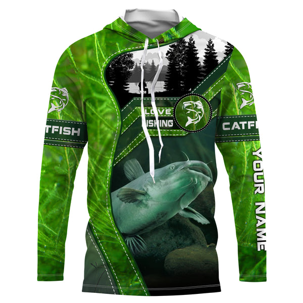 Catfish Fishing shirt green water camo UV protection quick dry Custom name long sleeves UPF 30+ fishing shirt for adult and Kid NQS2652