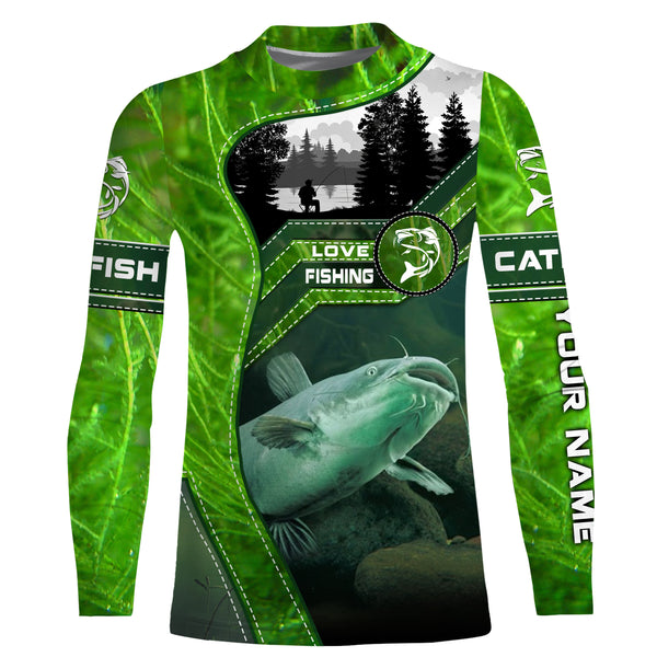 Catfish Fishing shirt green water camo UV protection quick dry Custom name long sleeves UPF 30+ fishing shirt for adult and Kid NQS2652