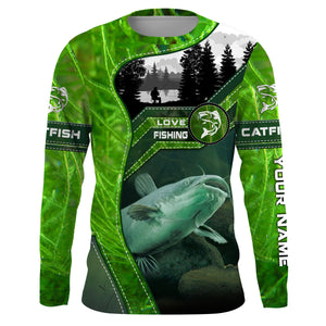 Catfish Fishing shirt green water camo UV protection quick dry Custom name long sleeves UPF 30+ fishing shirt for adult and Kid NQS2652