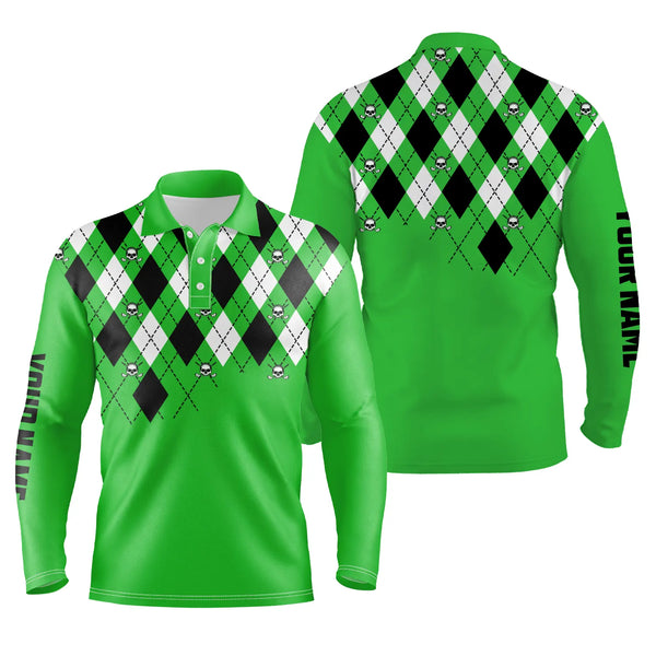 Mens golf polo shirt plus size green argyle plaid golf skull pattern custom name mens green golf tops NQS4966