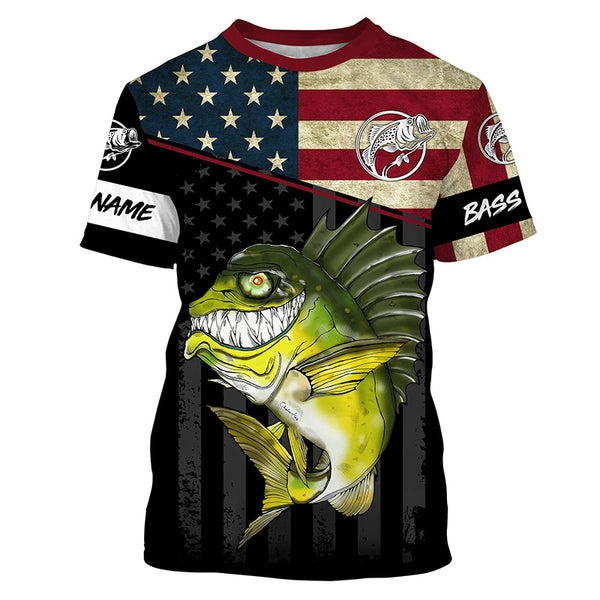 Funny Bass fishing American flag UV protection Custom long sleeve fishing shirt, Bass fishing jerseys NQS4383