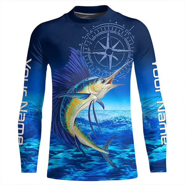 Personalized Sailfish Saltwater Blue Long Sleeve Performance Fishing Shirts, Sailfish tournament Shirt NQS5784