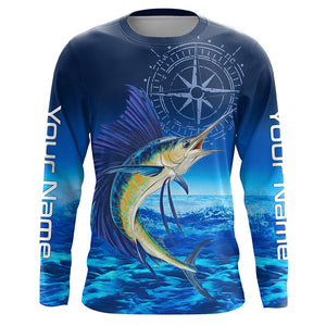 Personalized Sailfish Saltwater Blue Long Sleeve Performance Fishing Shirts, Sailfish tournament Shirt NQS5784