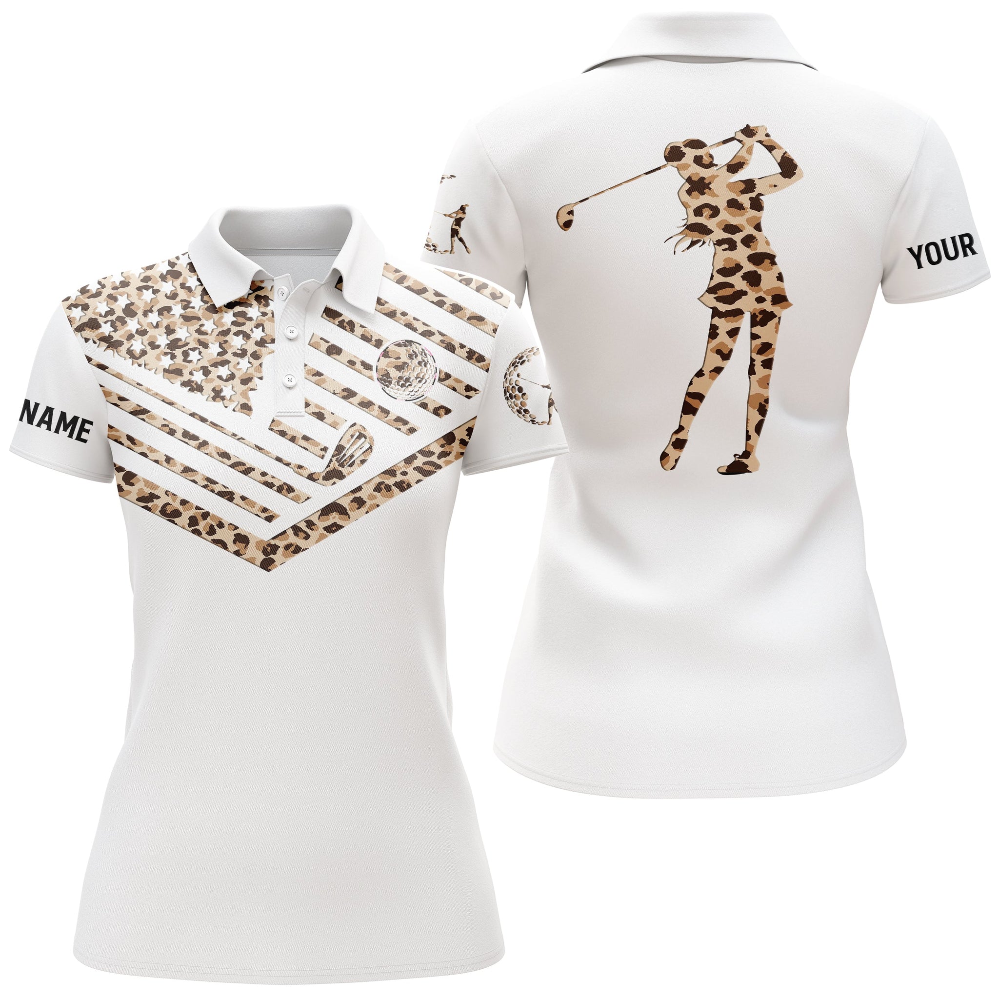 Womens golf polo shirt leopard pattern American flag custom name white golf shirt NQS3635