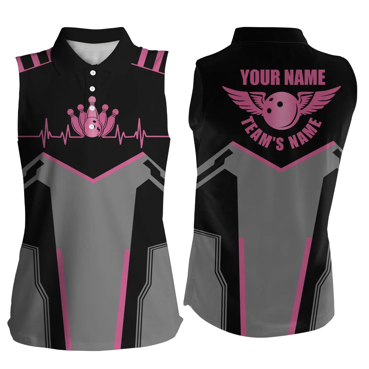 Bowling shirts for women custom name and team name Bowling Ball and Pins sleeveless polo Shirts | Pink NQS4764