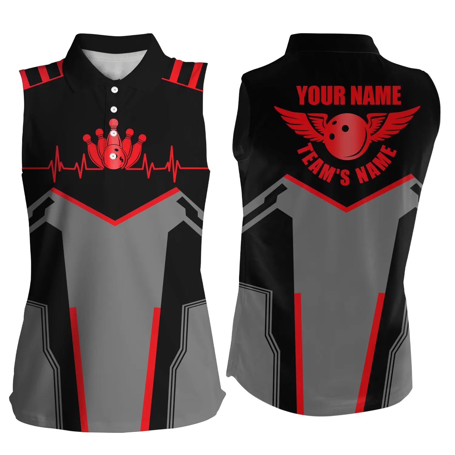 Bowling shirts for women custom name and team name Bowling Ball and Pins sleeveless polo Shirts | Red NQS4764