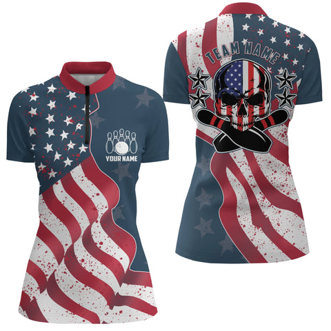 Vintage American flag patriotic skull Bowling Quarter Zip shirts for women custom Bowling team jerseys NQS5001