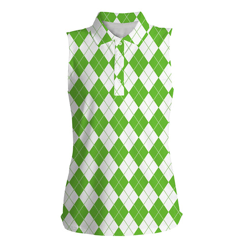 Christmas plaid green and white argyle Pattern Womens sleeveless polo shirt, golf gifts for women NQS4414