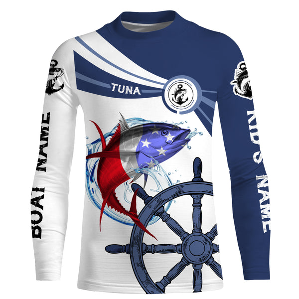 Tuna Fishing American Flag Custom name and boat name performance Long Sleeve Fishing Shirts, Patriotic Fishing gifts - NQS2412