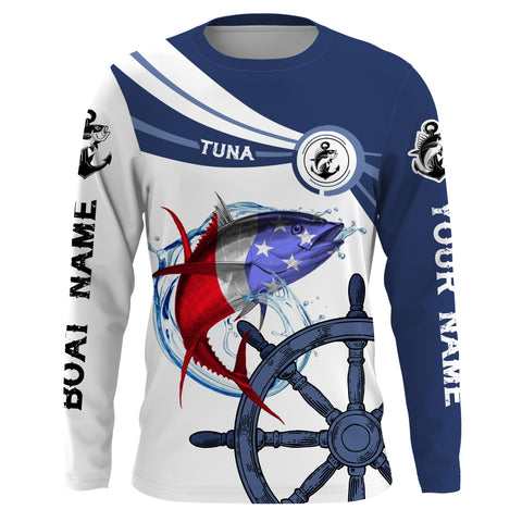 Tuna Fishing American Flag Custom name and boat name performance Long Sleeve Fishing Shirts, Patriotic Fishing gifts - NQS2412