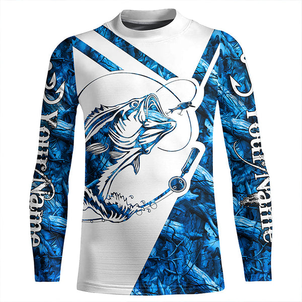 Largemouth Bass Fishing blue camo UV protection Custom name long sleeves fishing shirts NQS900