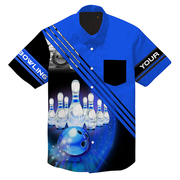 Custom hawaiian bowling shirts bowling ball and pins team shirt, button up bowling shirts | Blue NQS4452