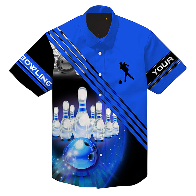 Custom hawaiian bowling shirts bowling ball and pins team shirt, button up bowling shirts | Blue NQS4452