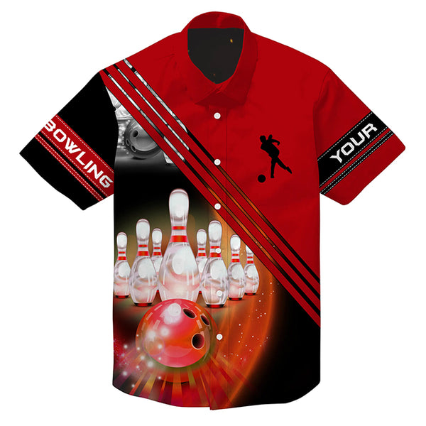 Custom hawaiian bowling shirts bowling ball and pins team shirt, button up bowling shirts | Red NQS4452