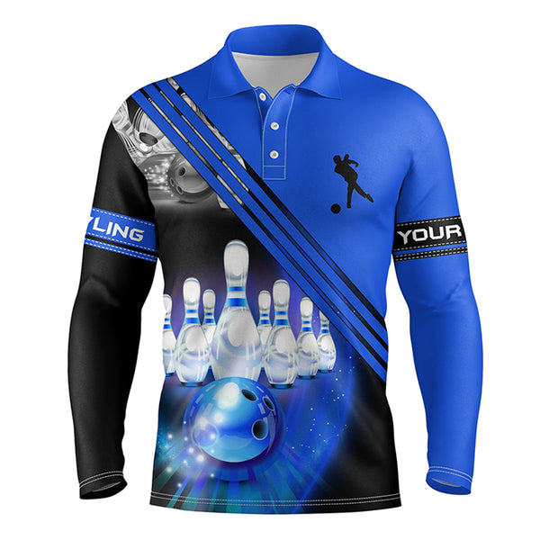 Custom bowling shirts for men bowling ball and pins team shirt, custom bowling jerseys | Blue NQS4452