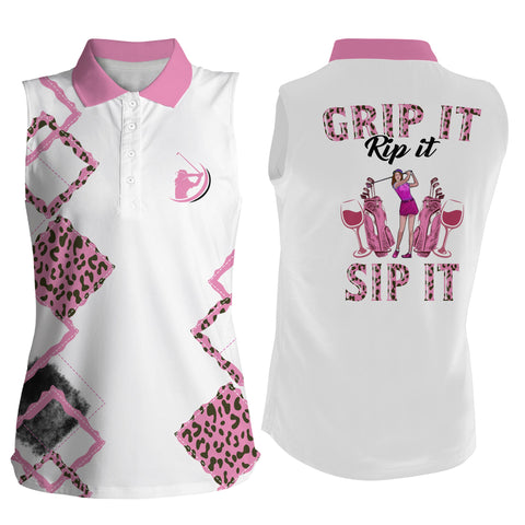 Pink leopard Women sleeveless polo shirt grip it rip it sip it, womens golf tanks golf tops for ladies NQS5587