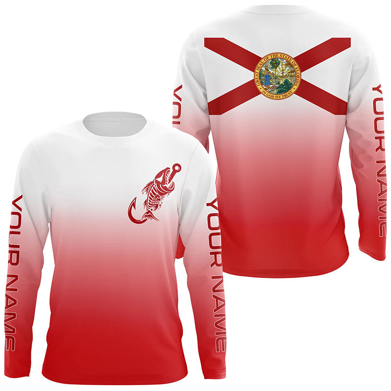 Red and white Florida flag fish hook skull fishing Custom long sleeve performance Fishing jerseys NQS6053