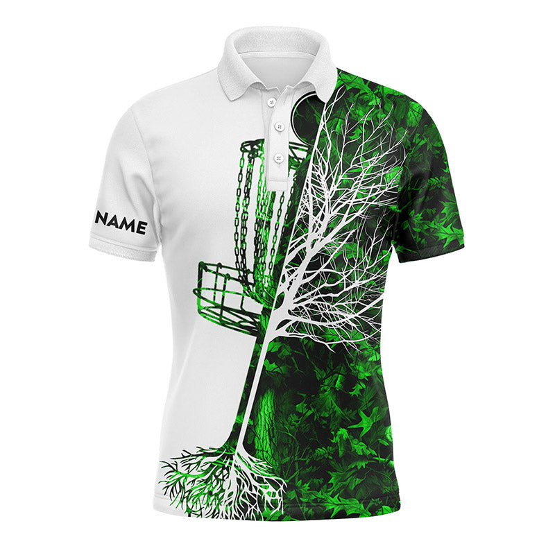 Mens disc golf polo shirt custom name green camo disc golf basket, personalized disc golf shirts NQS4632