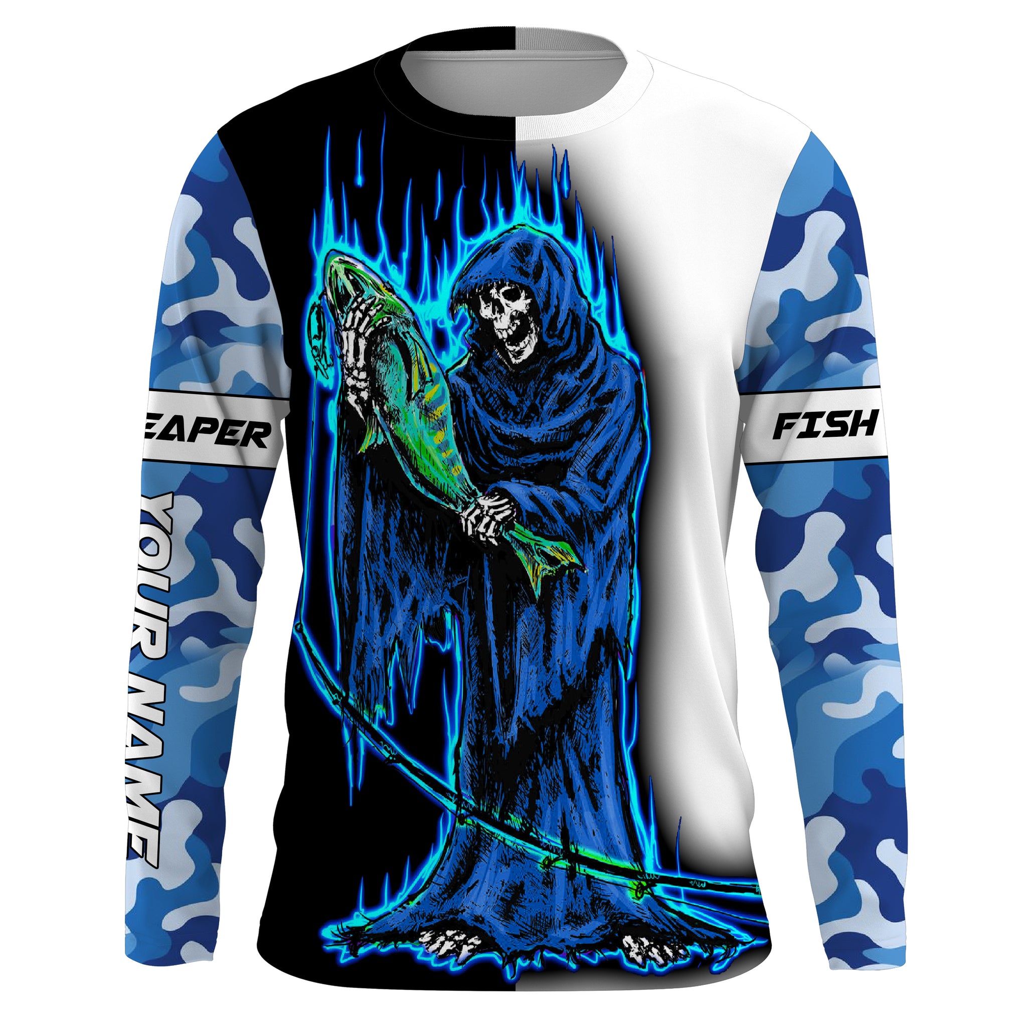 Fish reaper fishing blue camo fishing Custom Name 3D UV Protection fishing Shirts, fishing apparel NQS3021