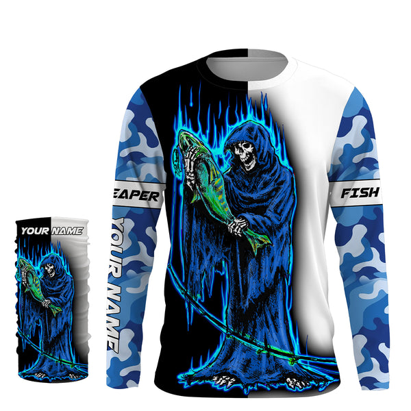 Fish reaper fishing blue camo fishing Custom Name 3D UV Protection fishing Shirts, fishing apparel NQS3021