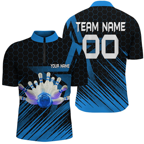 Blue Bowling Shirt For men Custom Quarter Zip Bowling Jersey 3D Bowling Team Shirt For men NQS5139