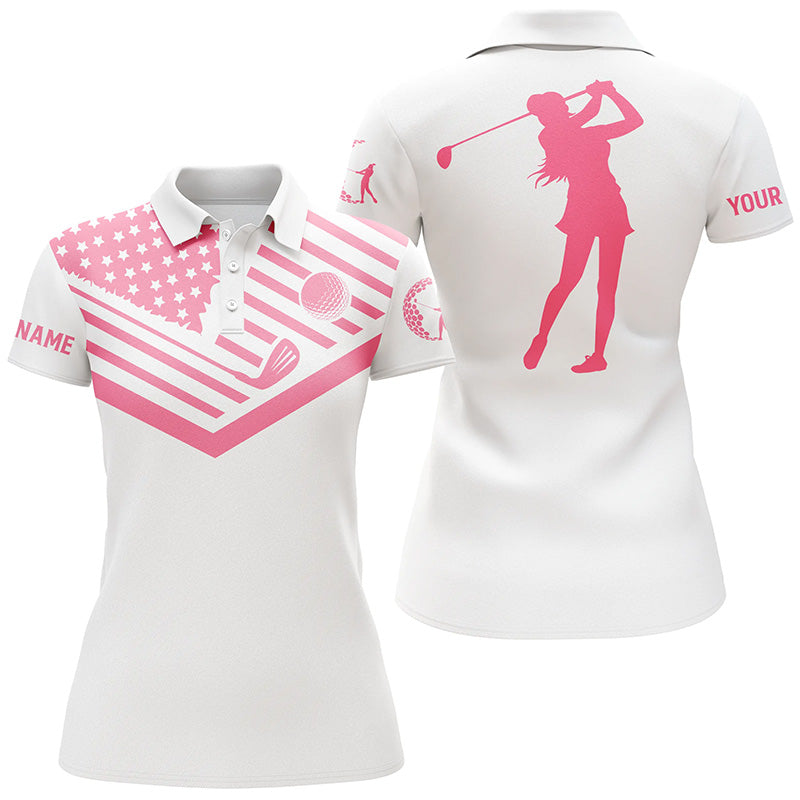 Womens golf polo shirt pink American flag custom name white golf shirt NQS3547