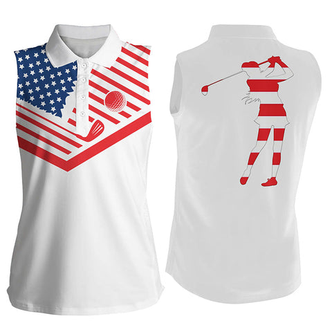 Women's sleeveless golf polo shirt American flag 4th July patriot white golf shirt NQS3553