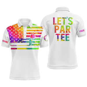 Mens golf polo shirt watercolor American flag custom name Let’s Par Tee white golf shirt NQS4032