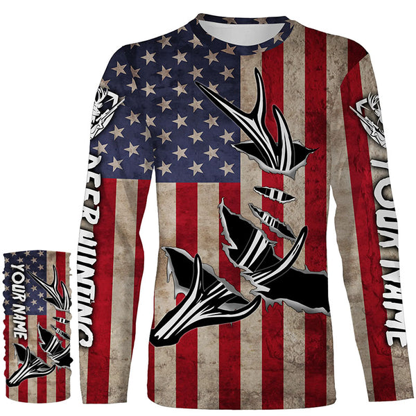 Personalized Deer Hunting American Flag Shirts Customize Name 3D Deer Antler All Over Printed Shirts FSD3398