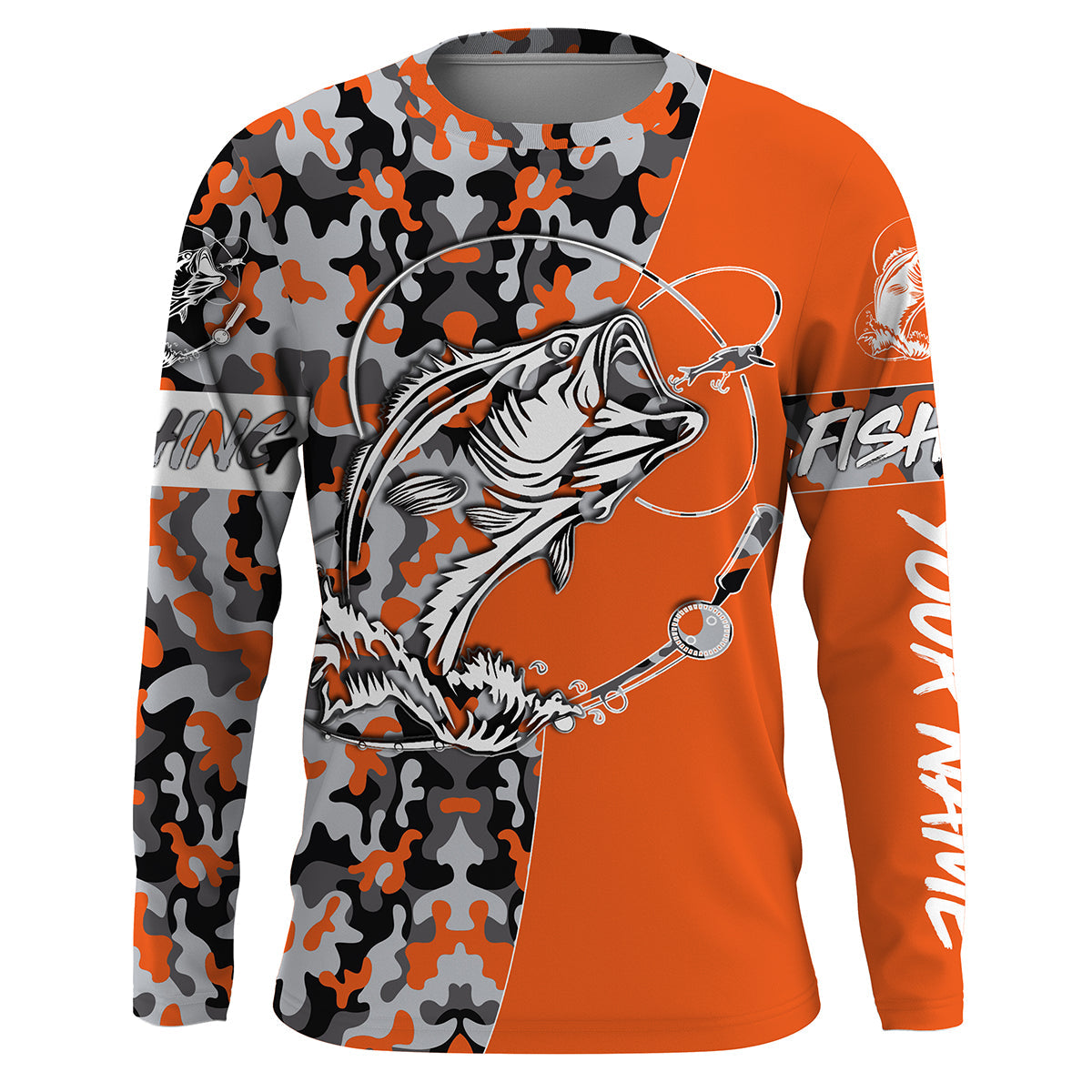 Bass Tattoo camo Orange Bass Fishing Custom Name UV Protection Shirts, Bass Fishing Jerseys - FSD3255