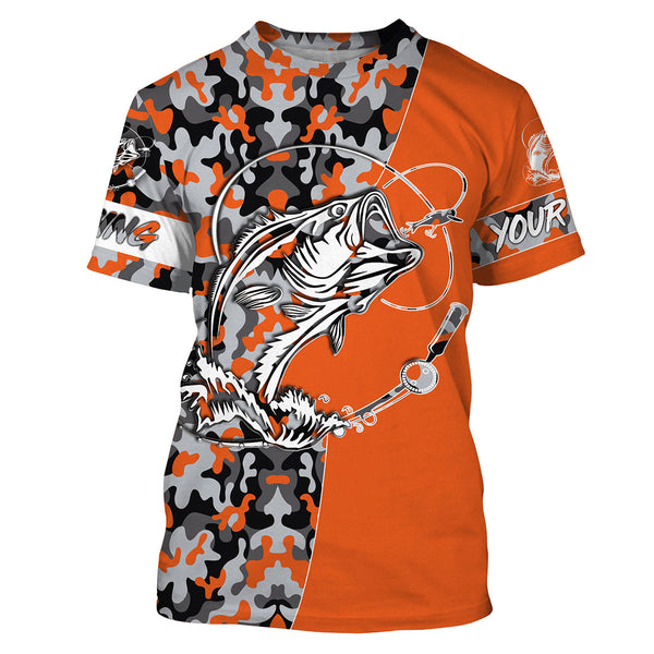 Bass Tattoo camo Orange Bass Fishing Custom Name UV Protection Shirts, Bass Fishing Jerseys - FSD3255