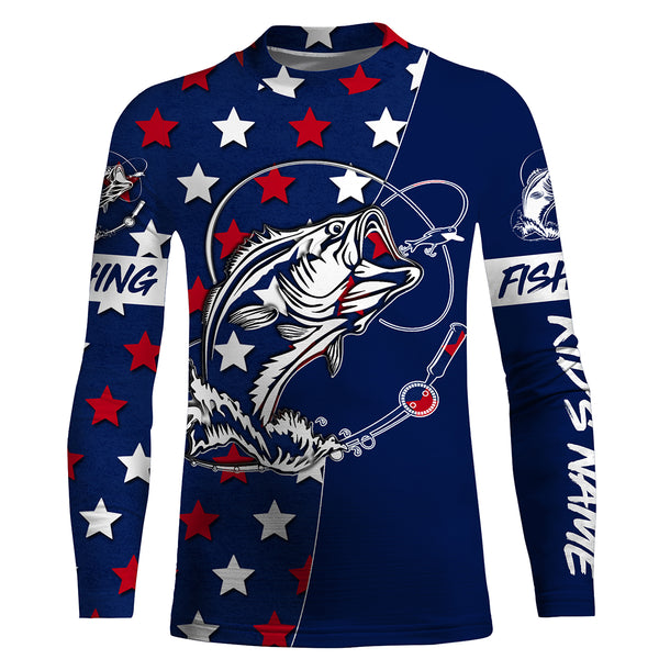 Largemouth Bass Fishing USA flag stars Patriotic 4th of July Fishing Shirts, Personalized Fishing Gift FSD2893