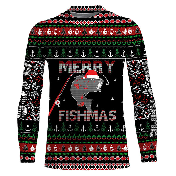 Ugly Fishing Christmas Largemouth Bass Merry Fishmas Custom Name Shirts, Christmas Gift for Fisherman FSD3638